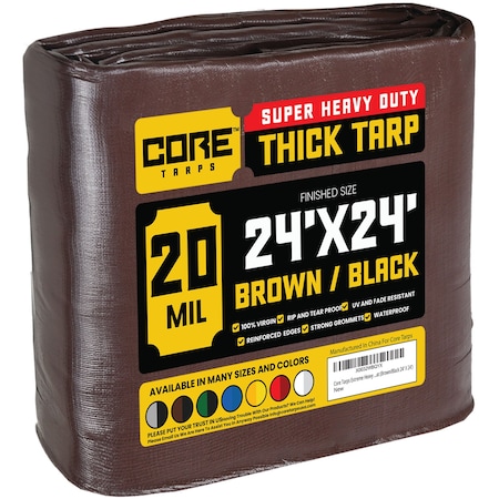 Heavy Duty Tarp, 24 ft L x 0.5 mm H x 24 ft W, 20 Mil, Brown/Black, Polyethylene